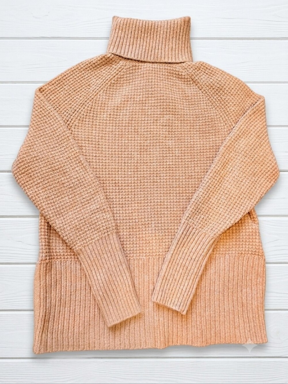 LL Bean Sweater Womens Small Beige Waffle Knit Turtleneck Raglan Side Zip...